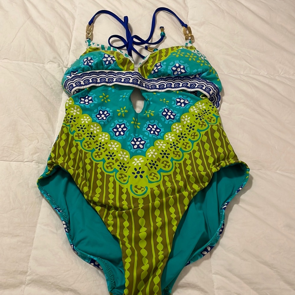 Trina Turk Teal & Lime Patterned One-Piece Swimsuit